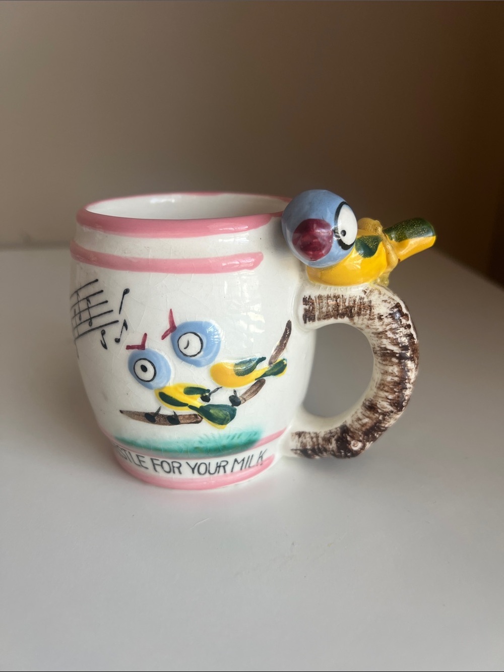 Ceramic Bird-Themed Coffee Mug "Whistle for Your Milk" - Pink and Yellow